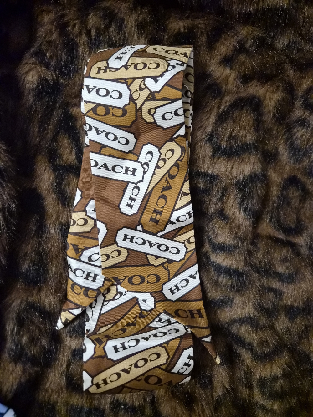 Coach Brown Tan White Logo Print Silk Scarf